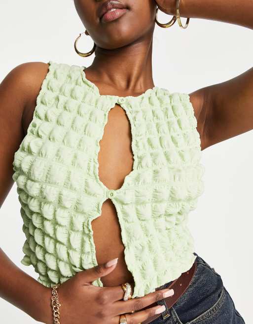Motel - Crop top boutonné texturé à découpe - Vert citron