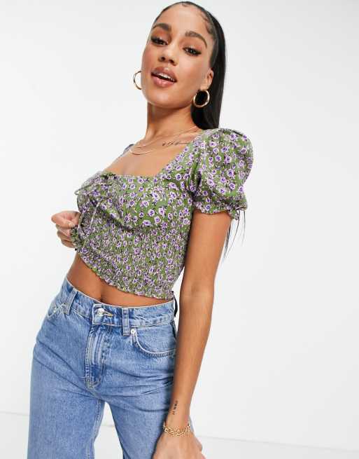 Motel - Crop top in melkmeisjesmodel met gesmokte taille in bloemenprint