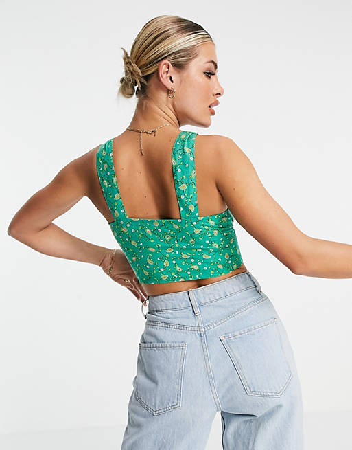 Tops Motel crop top with ruch bust in green paisley print 