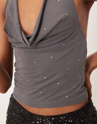 Motel Cupro Diamante Halterneck Slinky Top In Gray