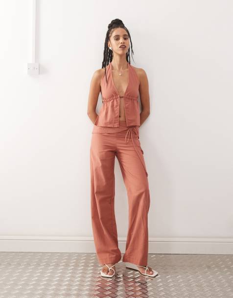Motel cursa sarong overlay bead detail linen trousers in tuscan red