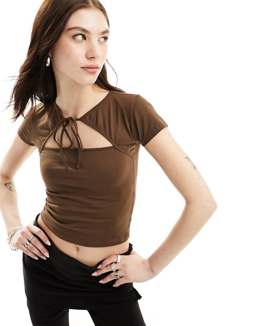 Motel Cut-out Tie Front Crop Top In Cocoa-green