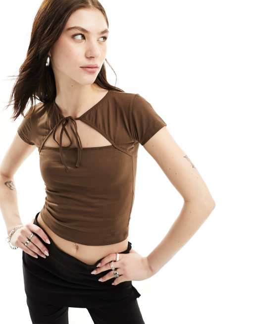 Motel cut-out tie front crop top in cocoa