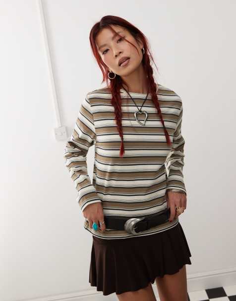 Motel dafika striped relaxed long sleeve top in brown - view 1