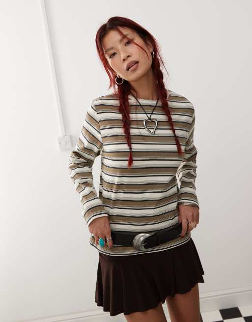 Motel dafika striped relaxed long sleeve top in brown
