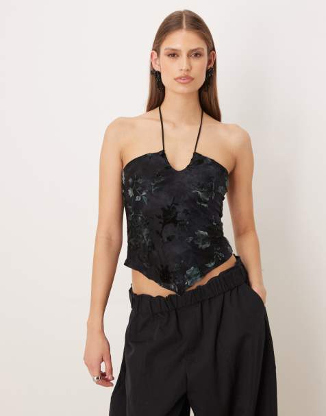 Motel Daiki halter velvet leaf top in dark blue