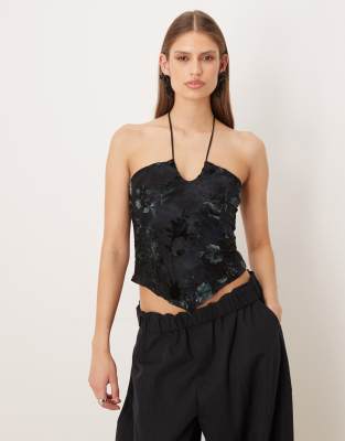 Daiki - Top dos nu en velours à motif feuillage - Bleu foncé XS