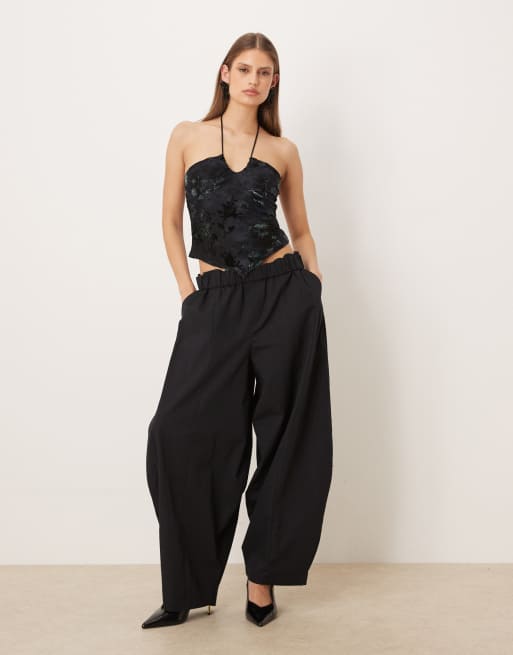 Motel - Daiki - Top dos nu en velours à motif feuillage - Bleu foncé, 4 de 4