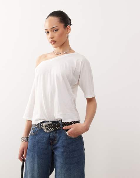 Motel daman off-shoulder t-shirt in white - view 1