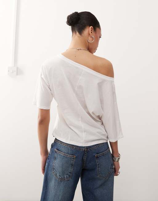 Motel - Daman - T-shirt bianca con spalla scoperta, 3 di 4
