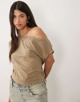 Motel Damaria Off The Shoulder Stud Detail Top In Neutral
