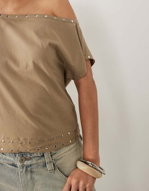 Motel Damaria off the shoulder stud detail top in khaki, 3 of 4