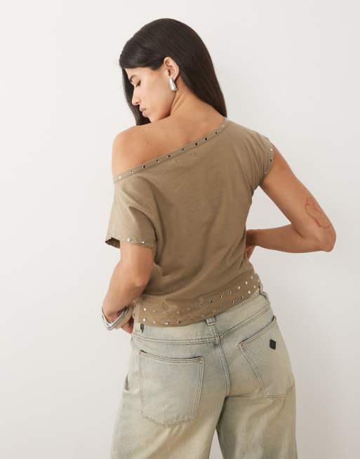 Motel Damaria off the shoulder stud detail top in khaki, 4 of 4