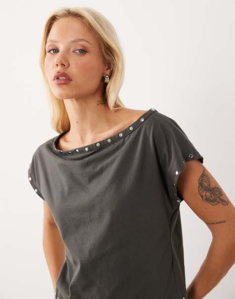 Motel Damaria top con spalle scoperte e borchie grigio antracite - view 1