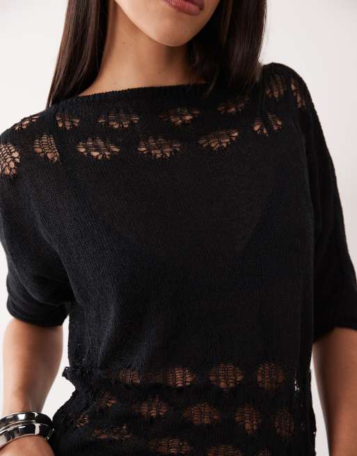 Motel damini off shoulder crochet detail jumper in black, 3 of 4