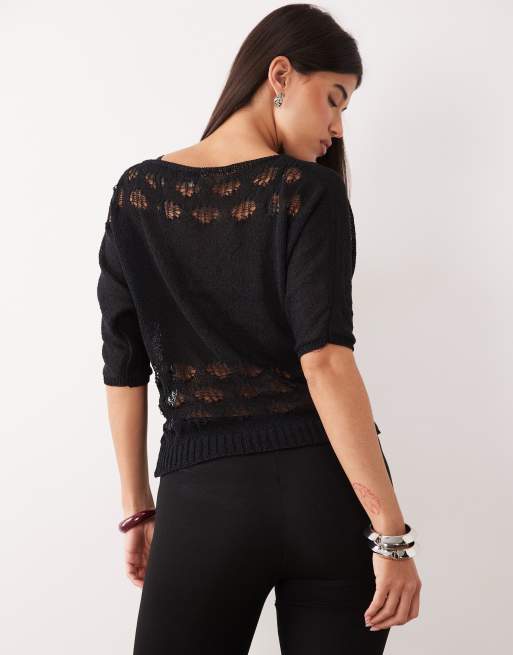 Motel damini off shoulder crochet detail jumper in black, 4 of 4