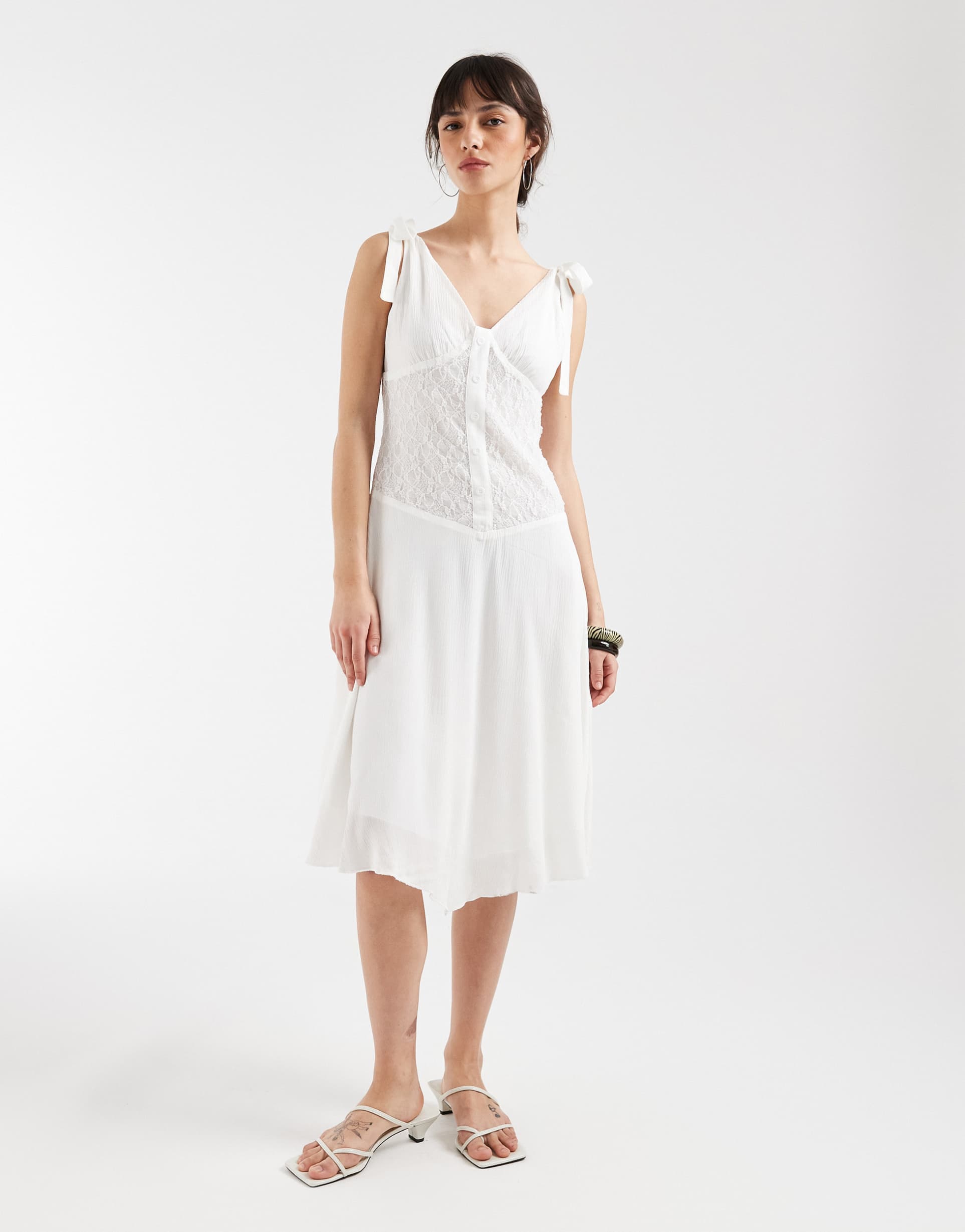 motel danira off the shoulder midi lace milkmaid dress in white