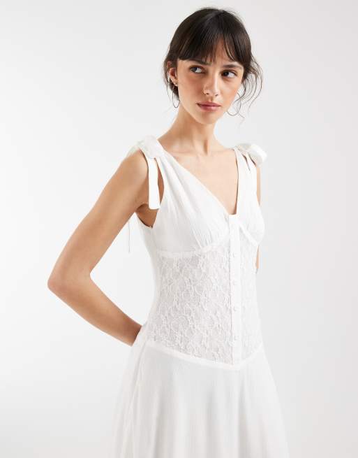 Motel - Danira - Robe longueur mollet tendance folk à encolure Bardot en dentelle - Blanc, 2 de 4