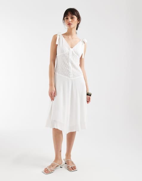 Motel - Danira - Vestito milkmaid al polpaccio in pizzo bianco con scollo alla Bardot - view 1