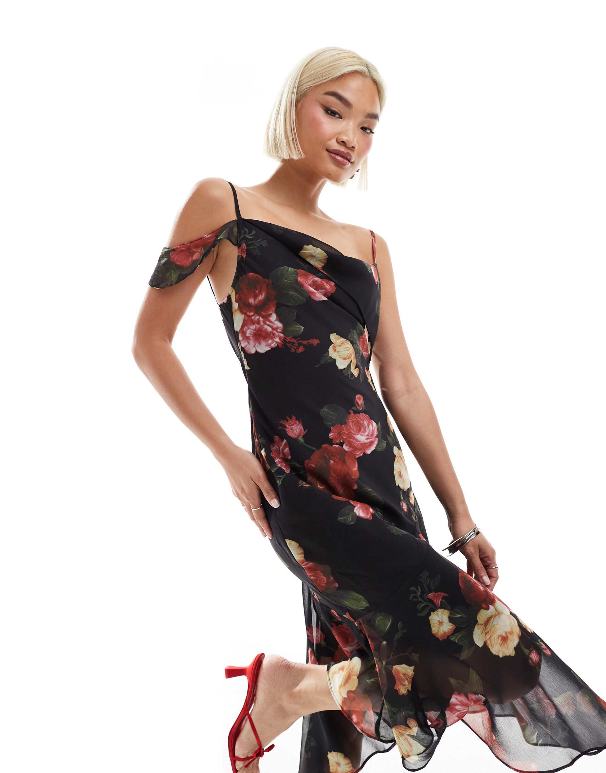 motel dansya renaissance rose print ruffle cami dress in multi