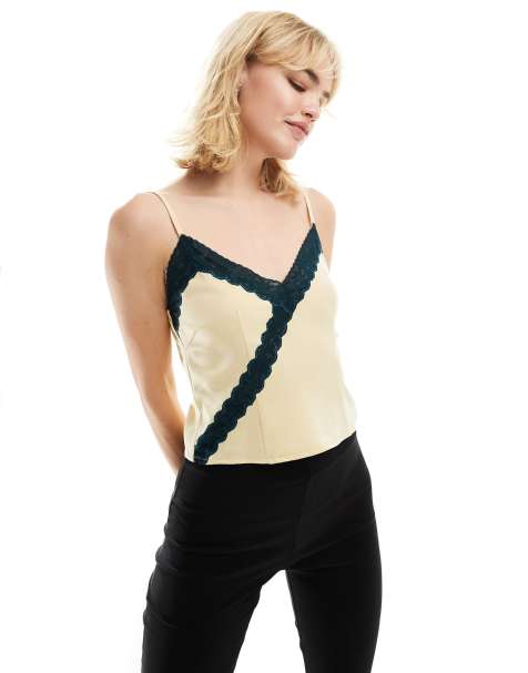 Motel darena lace edge cami top in yellow and grey - view 1