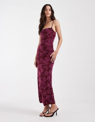Motel Darish Flock Shadow Leaf Midaxi Dress In Brown