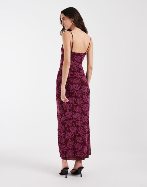 Motel Darish flock shadow leaf midaxi dress in Plum, 2 of 4
