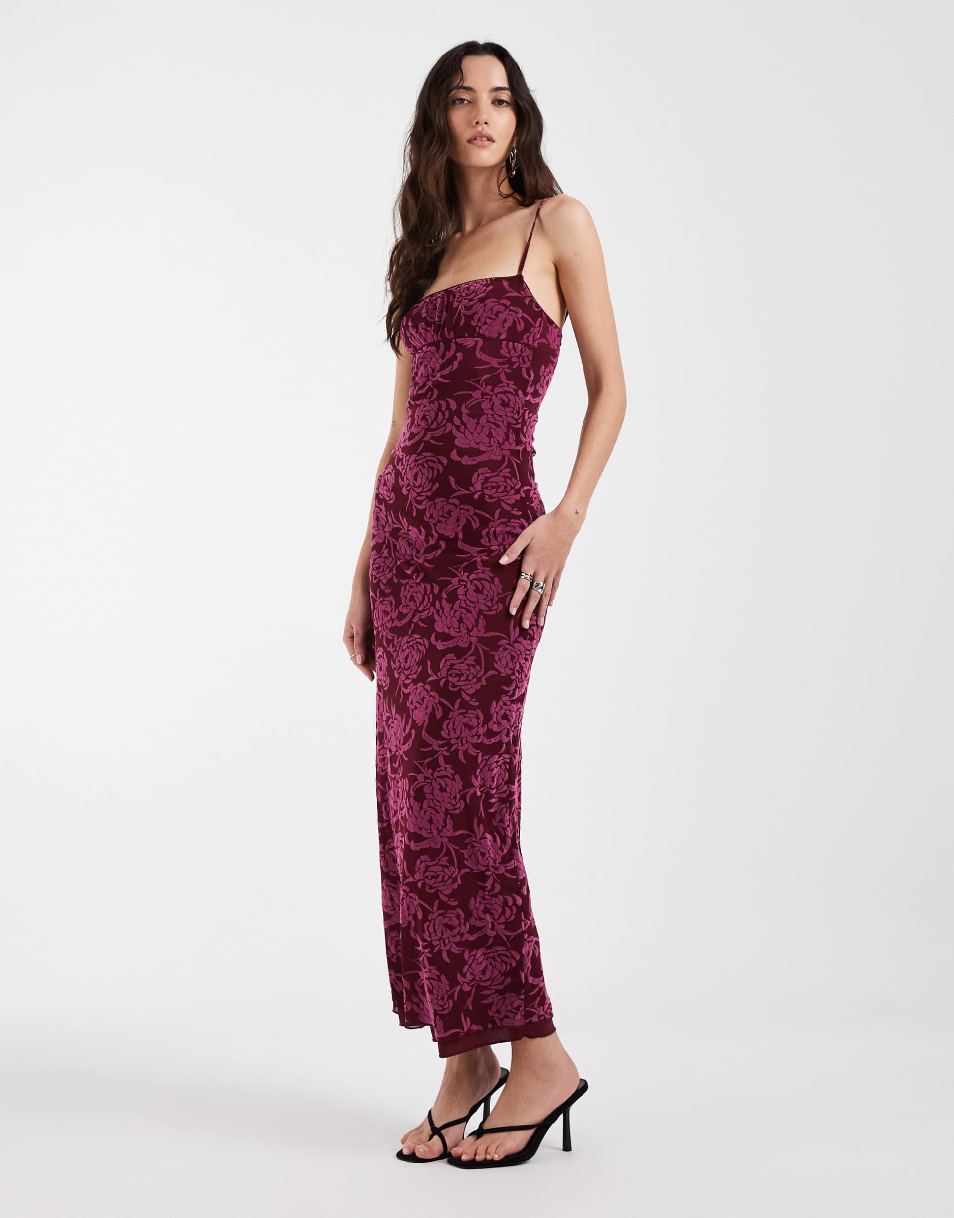 motel darish flocked shadow leaf midaxi dress in plum