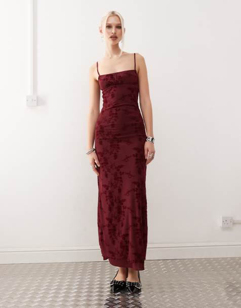 Motel darsih flocked floral maxi cami dress in burgundy - view 1