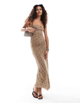 Motel darsih flocked maxi cami dress in beige daisy-Neutral