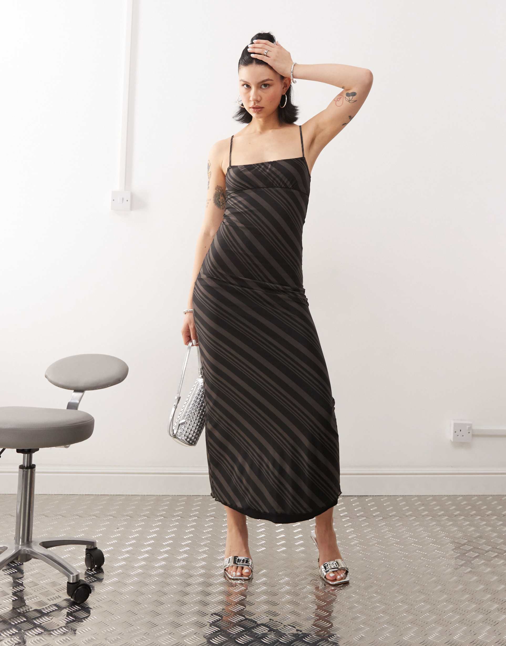 motel darsih striped mesh cami maxi dress in dark gray
