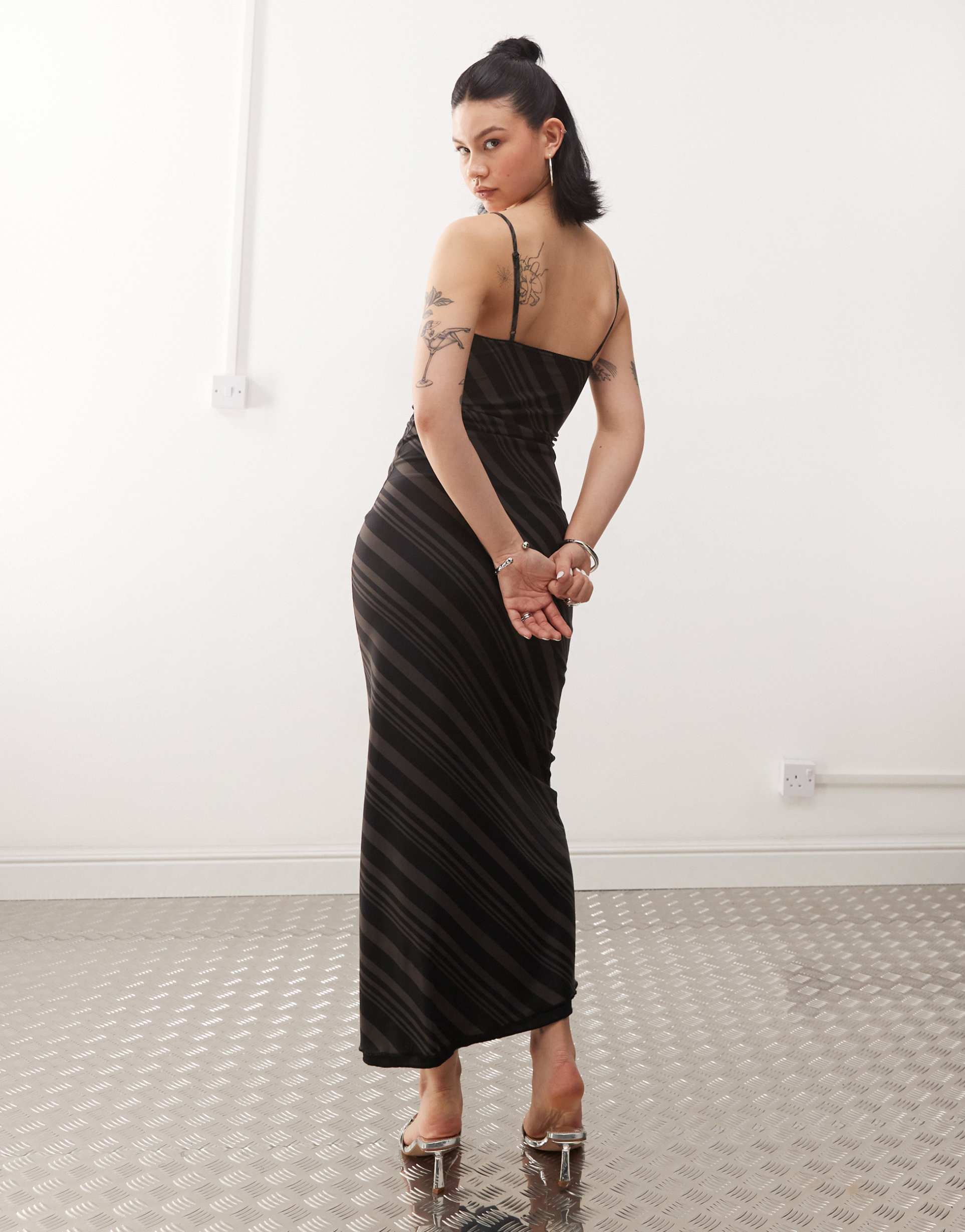 motel darsih striped mesh cami maxi dress in dark gray