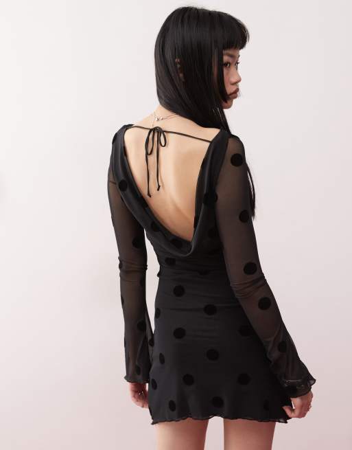 Motel dasa polka dot flock long sleeve mini dress in black | ASOS