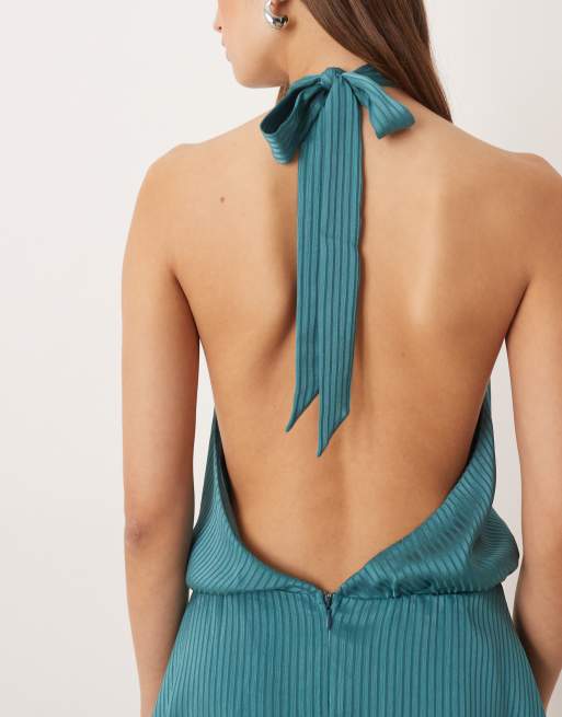 Motel Davina high neck mini dress in striped satin teal, 2 of 4