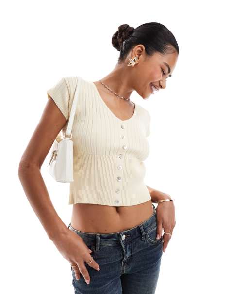 Motel Dawira button through scoop neck ribbed top in ivory - view 1