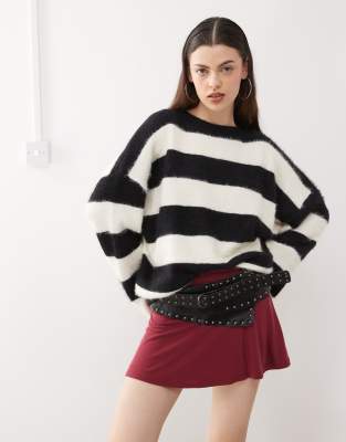 daya striped fluffy sweater in ivory and black-Multi