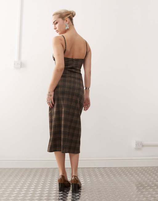Motel delfina lace edge check midaxi dress in brown, 4 of 4