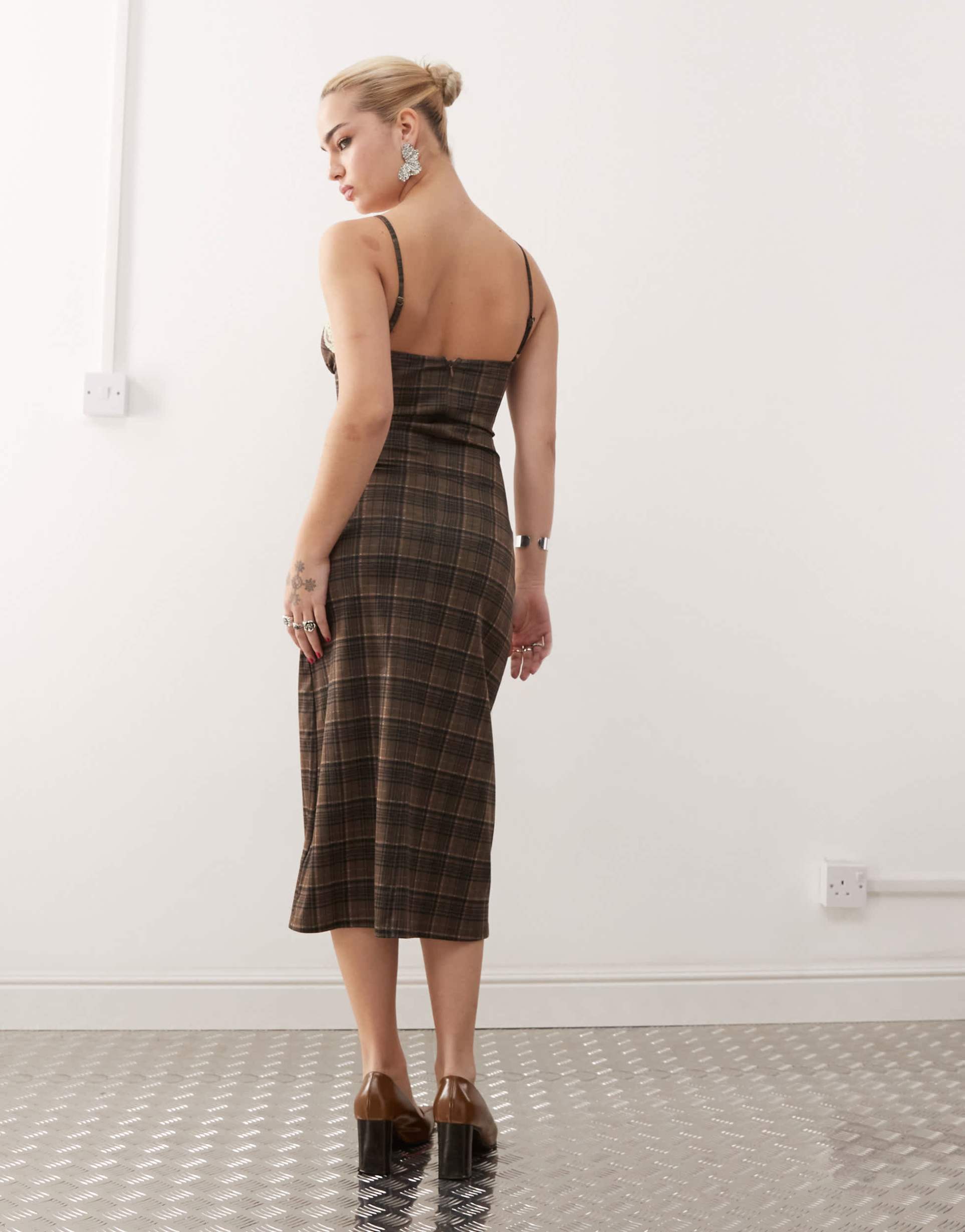 motel delfina lace edge plaid midaxi dress in brown