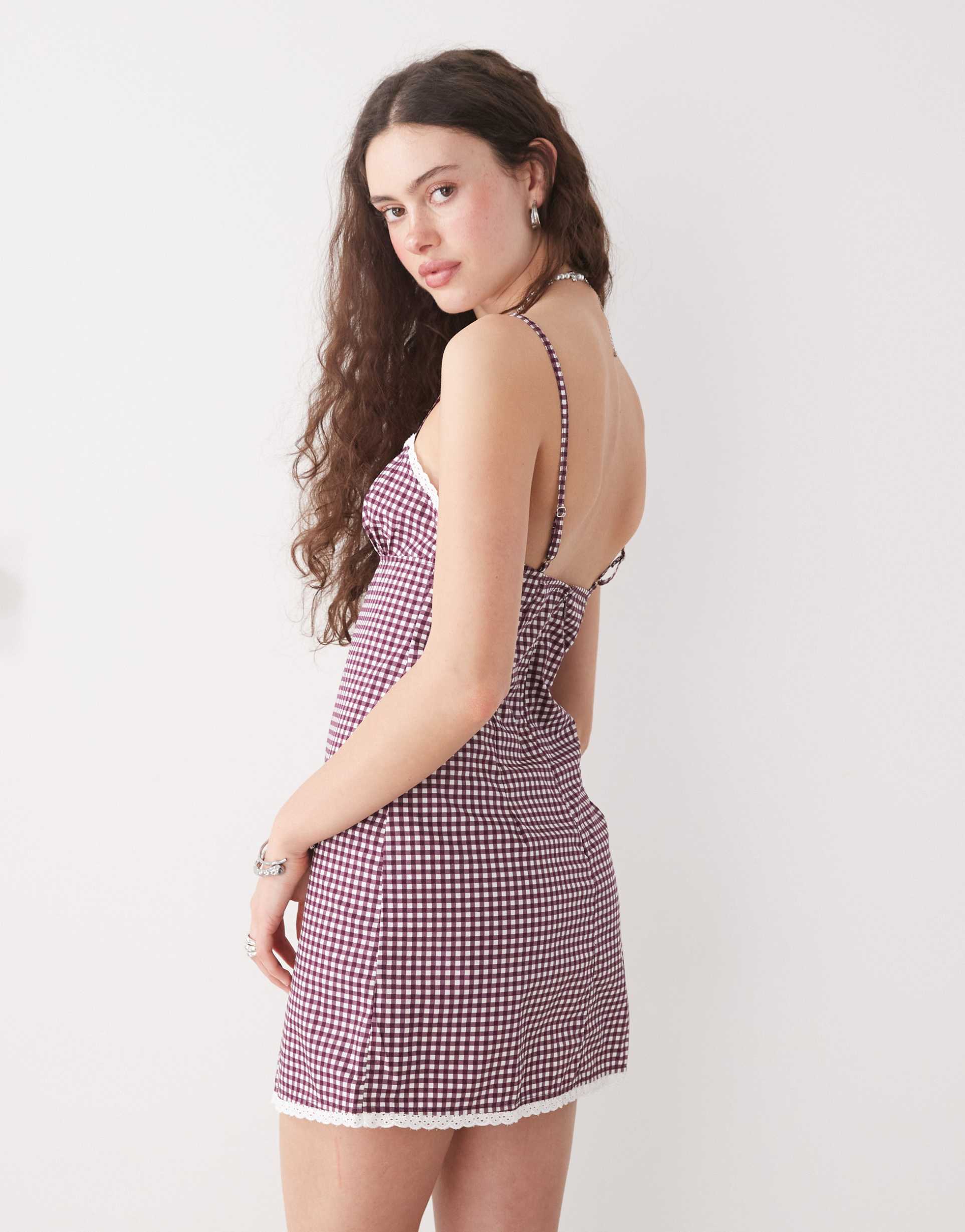 motel delphine gingham mini cami dress in wine