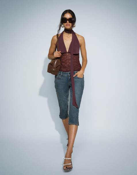 Motel Denim-Capri-Jeans mit niedrigem Bund in Dirty Green Wash - view 1