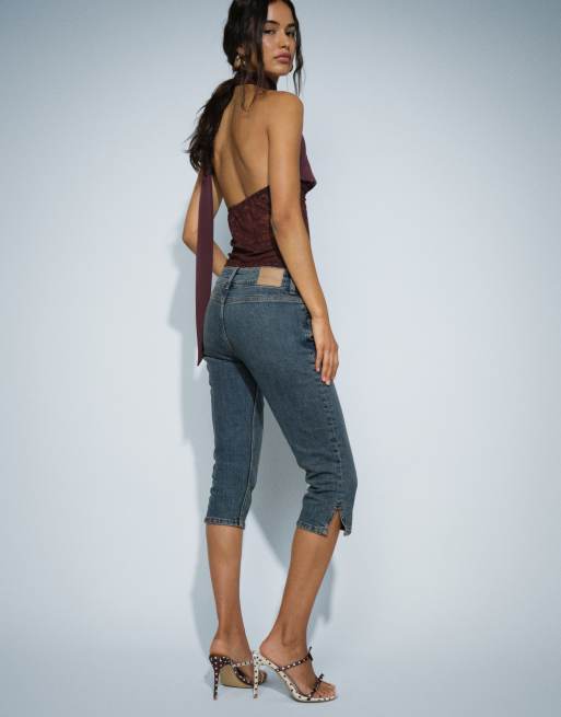 Motel Denim-Capri-Jeans mit niedrigem Bund in Dirty Green Wash, 4 von 7