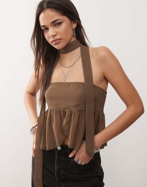 Motel - Desir - Bandeau top met sjaaldetail in koffiebruin - view 1