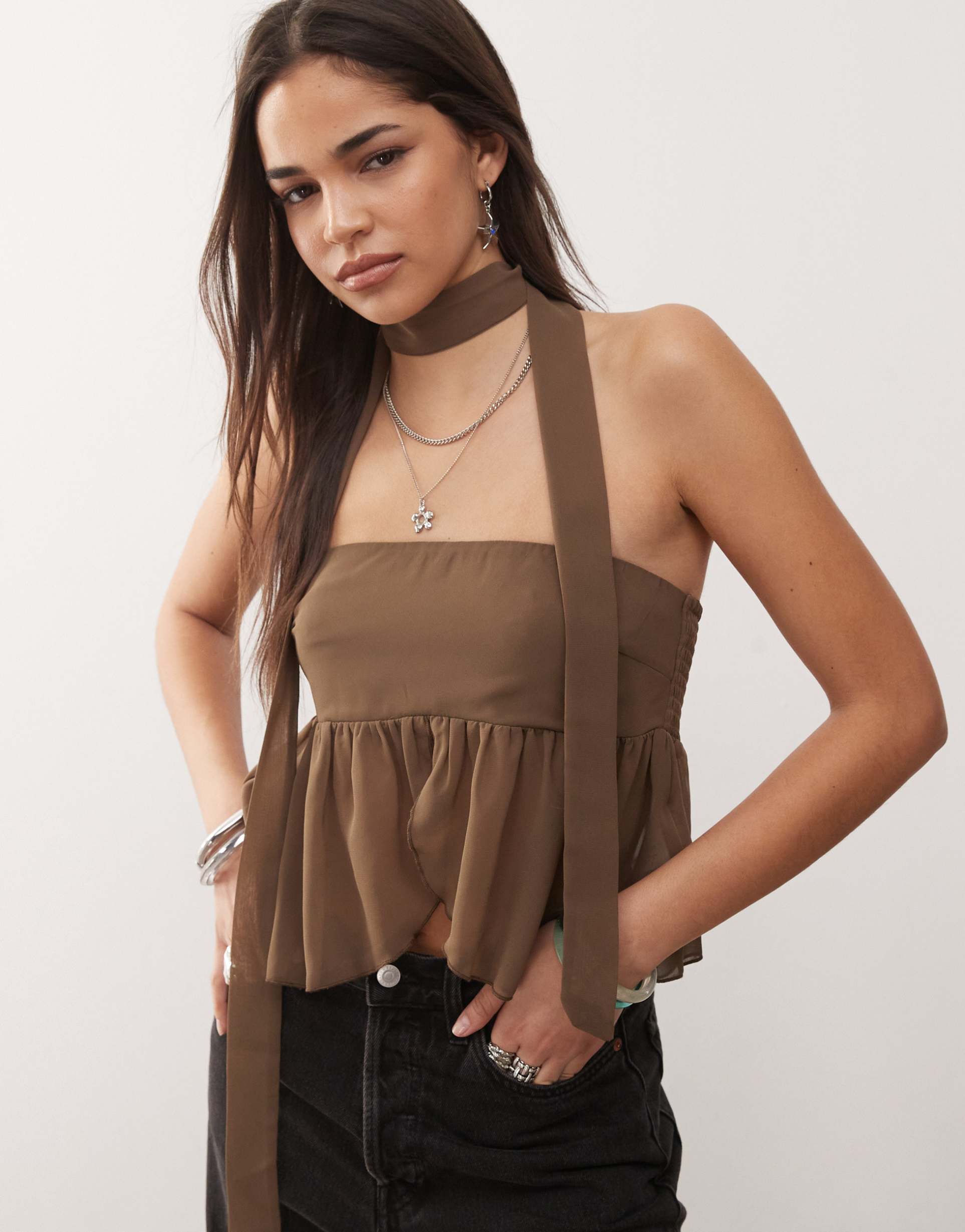 motel desir scarf detail bandeau top in coffee