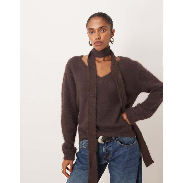 ニット/セーター treaturself fluffy shaggy half knit Soft Sweater Fringed Half Cardigan – Tibi Official