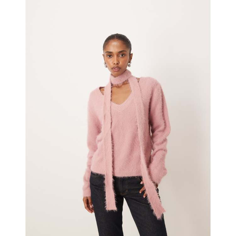 Motel Dikara V-neck fluffy slouchy sweater with matching scarf in