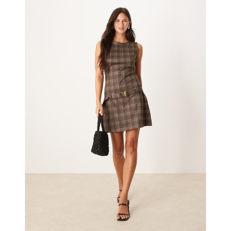 Motel dilshan belted plaid mini dress in brown | ASOS