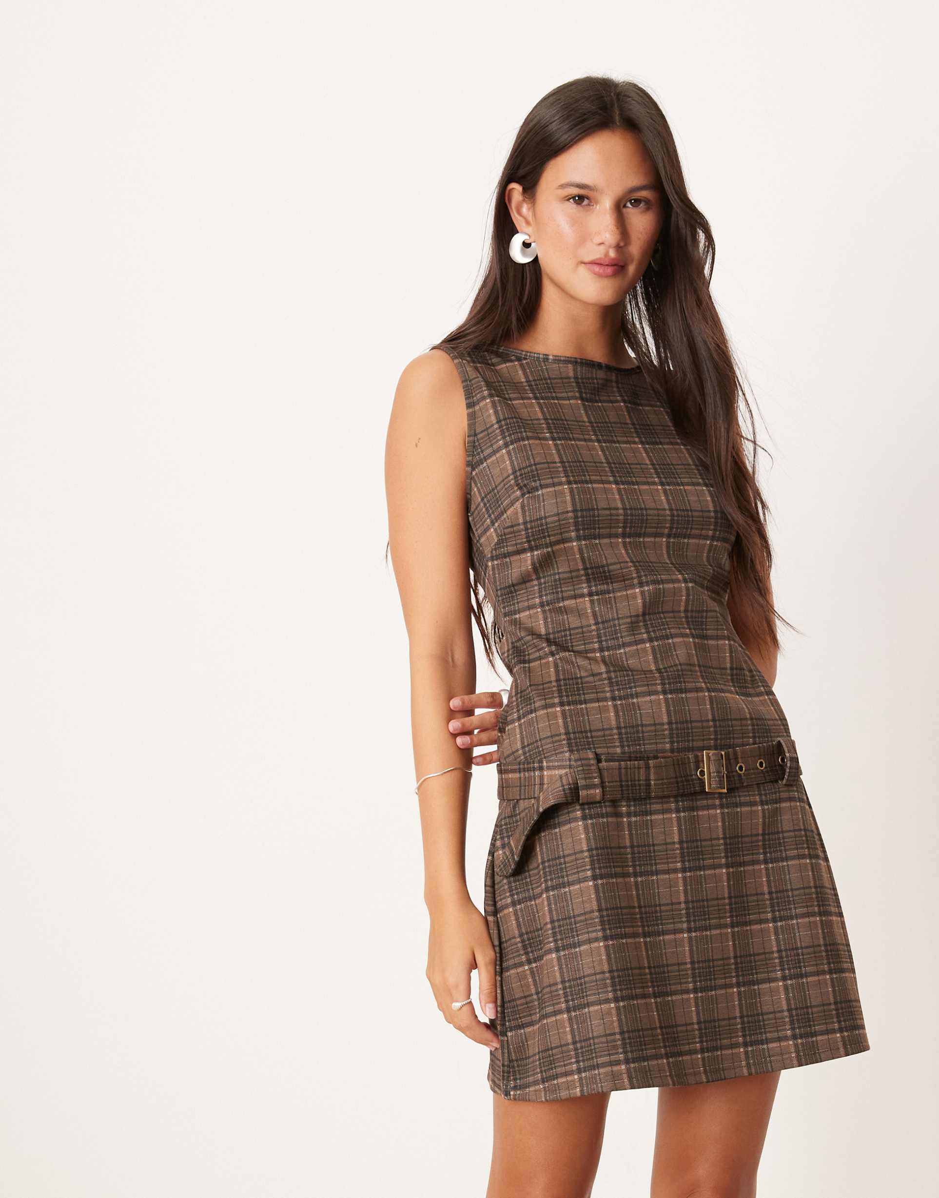 motel dilshan belted plaid mini dress in brown