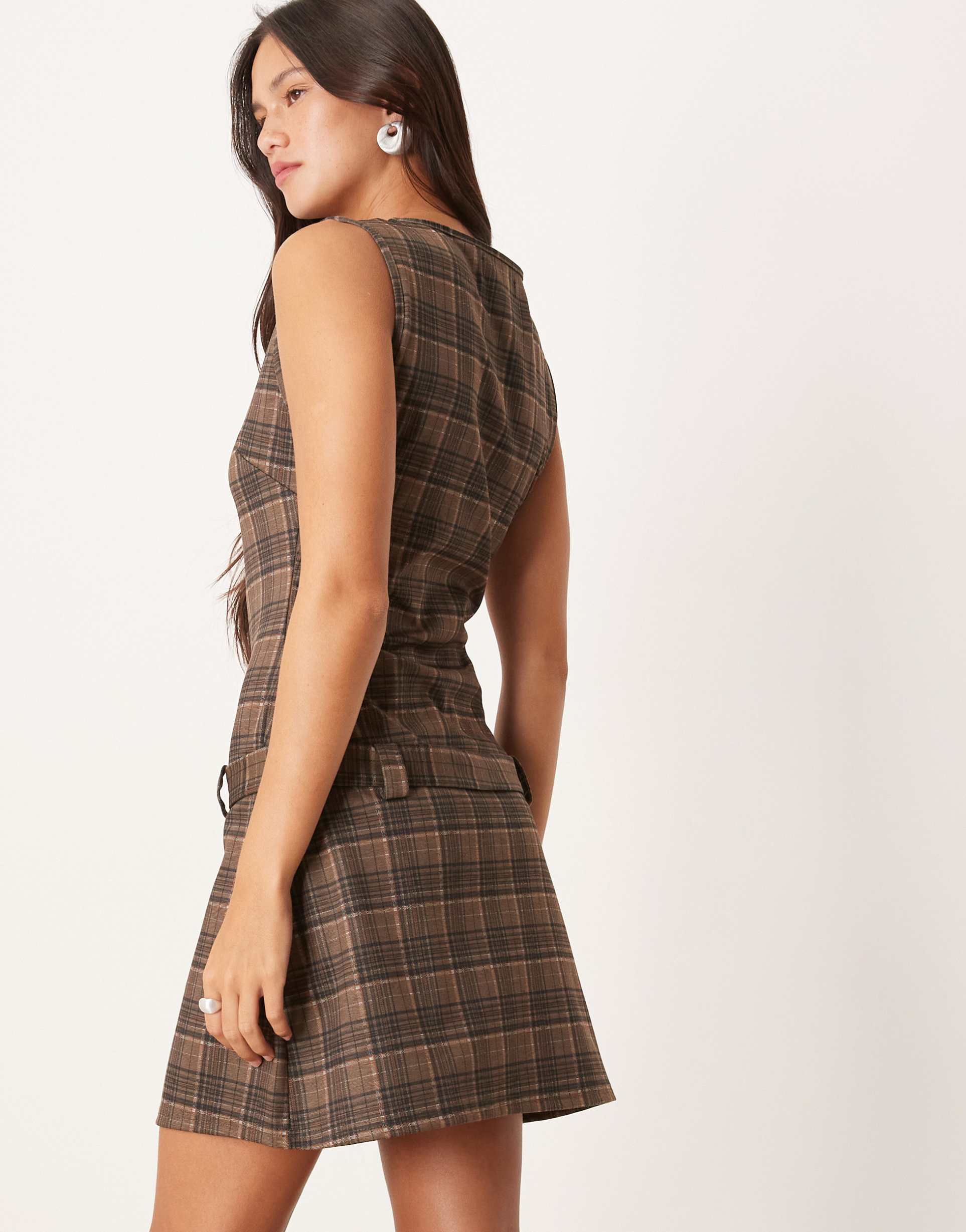 motel dilshan belted plaid mini dress in brown