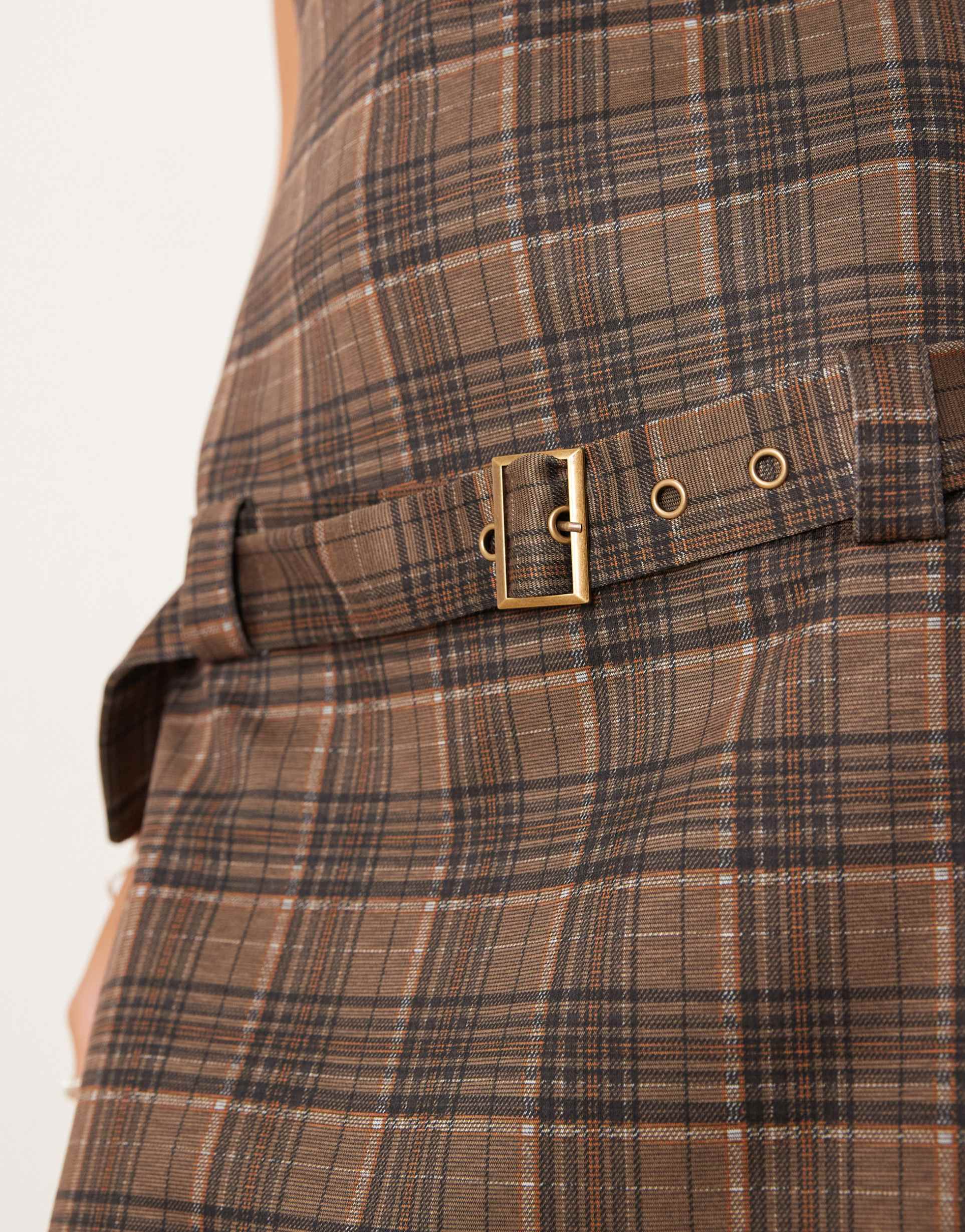 motel dilshan belted plaid mini dress in brown