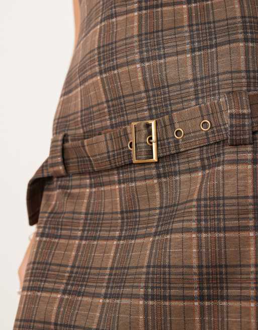 Motel dilshan belted plaid mini dress in brown | ASOS